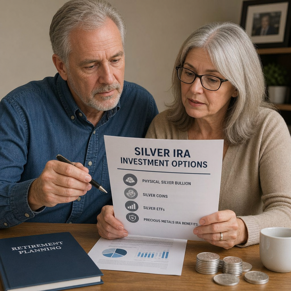 A retired couple reviewing a Silver IRA investment options document listing physical silver bullion, silver coins, silver ETFs and precious metals IRA benefits at a kitchen table