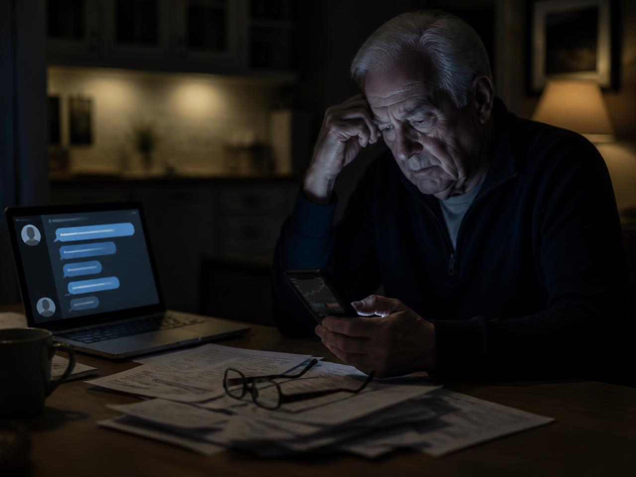An older man reading a suspicious investment chat and trading app late at night