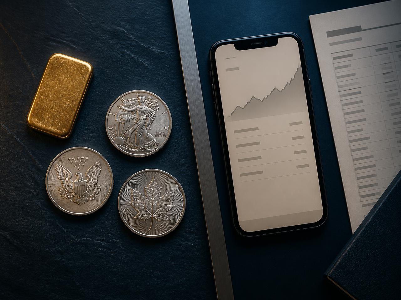 Gold bar and silver coins beside a phone balance screen and a paper account statement
