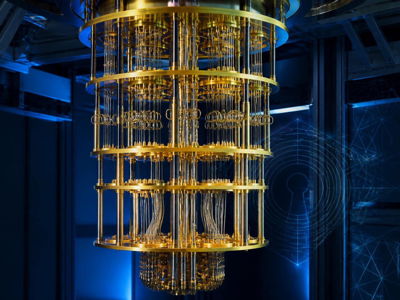 Gold-plated quantum computer dilution refrigerator in a research laboratory