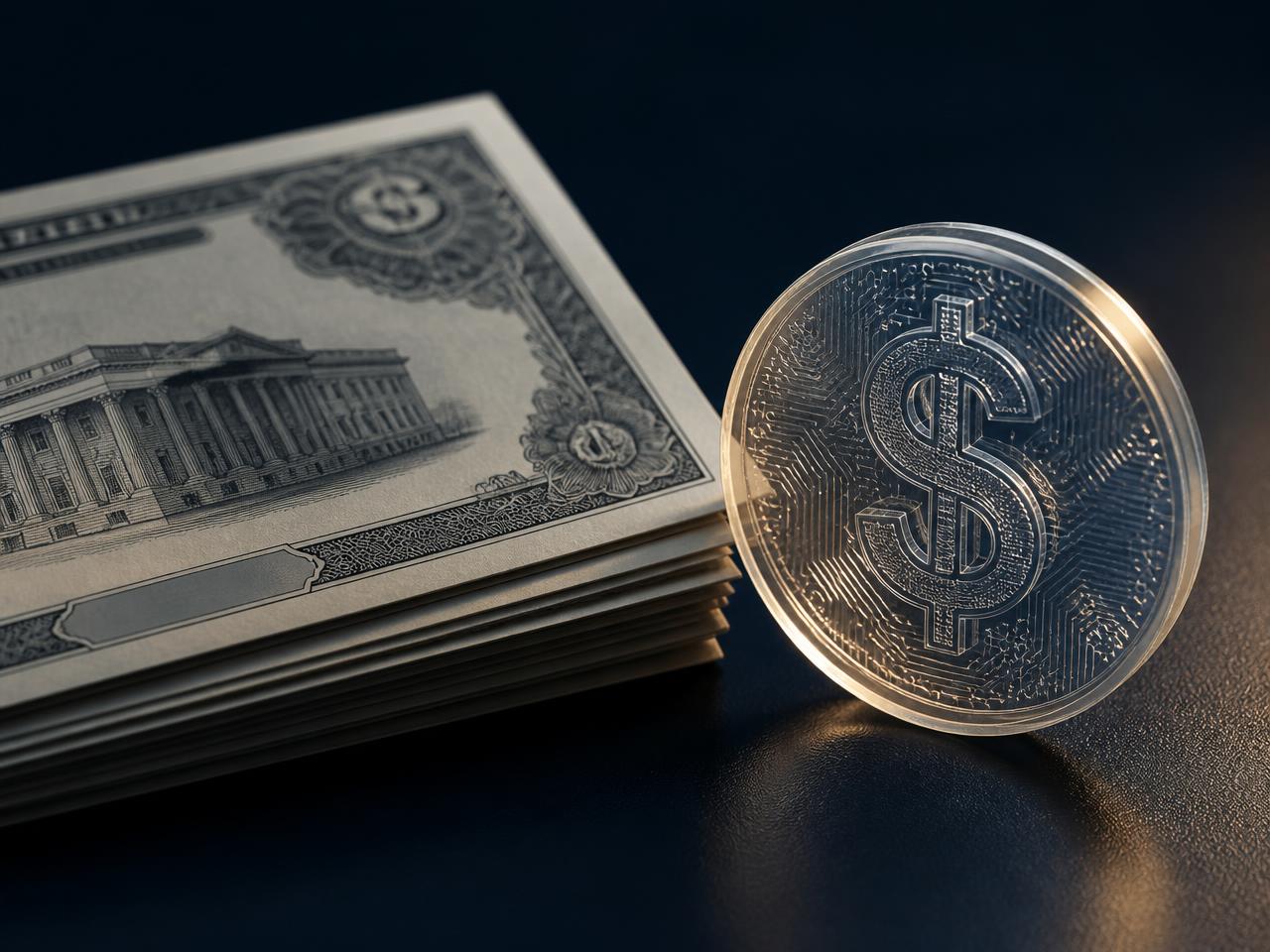 US Treasury bill certificates beside a translucent digital dollar token