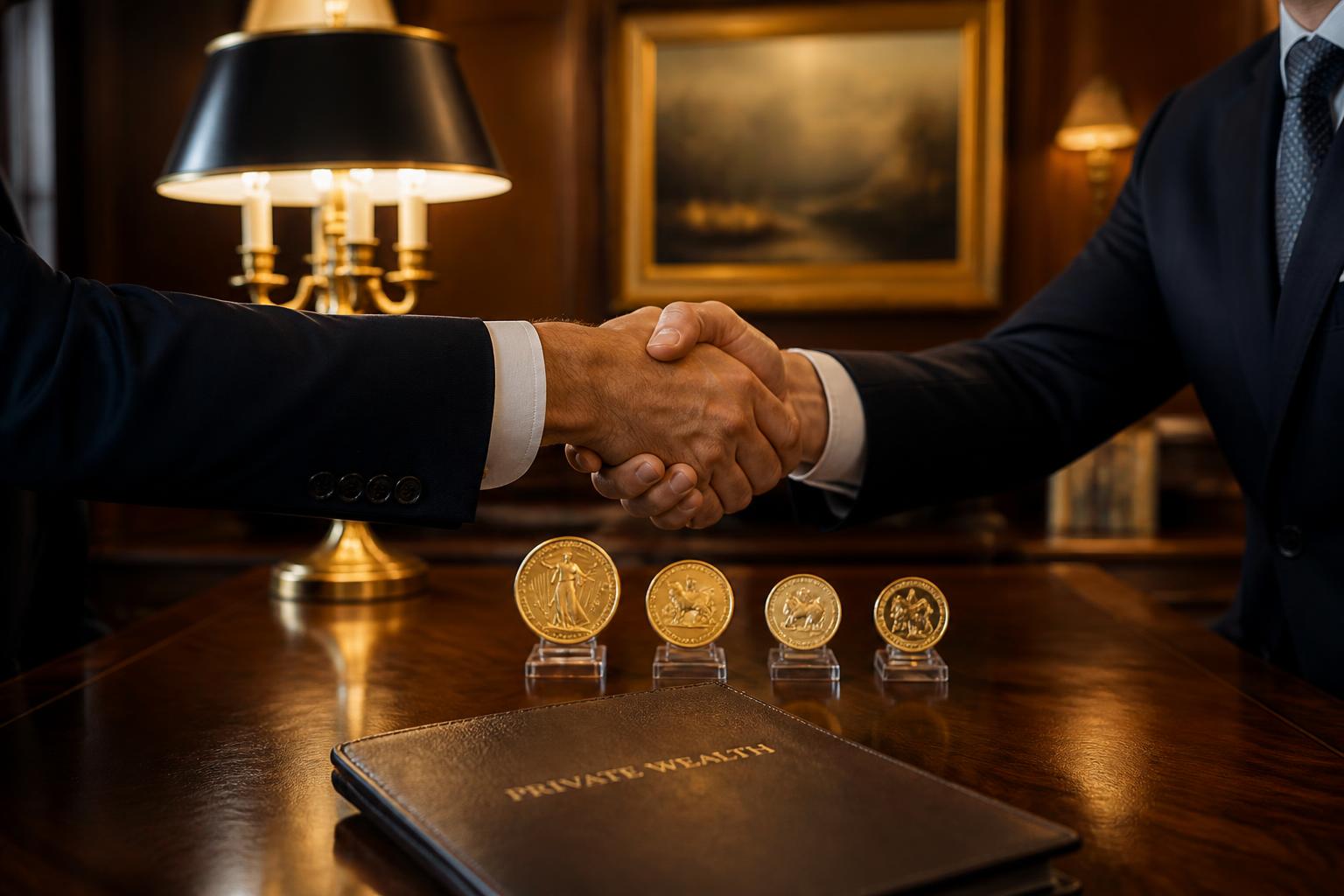 Two professionals shaking hands across a desk with gold coins and a leather folder