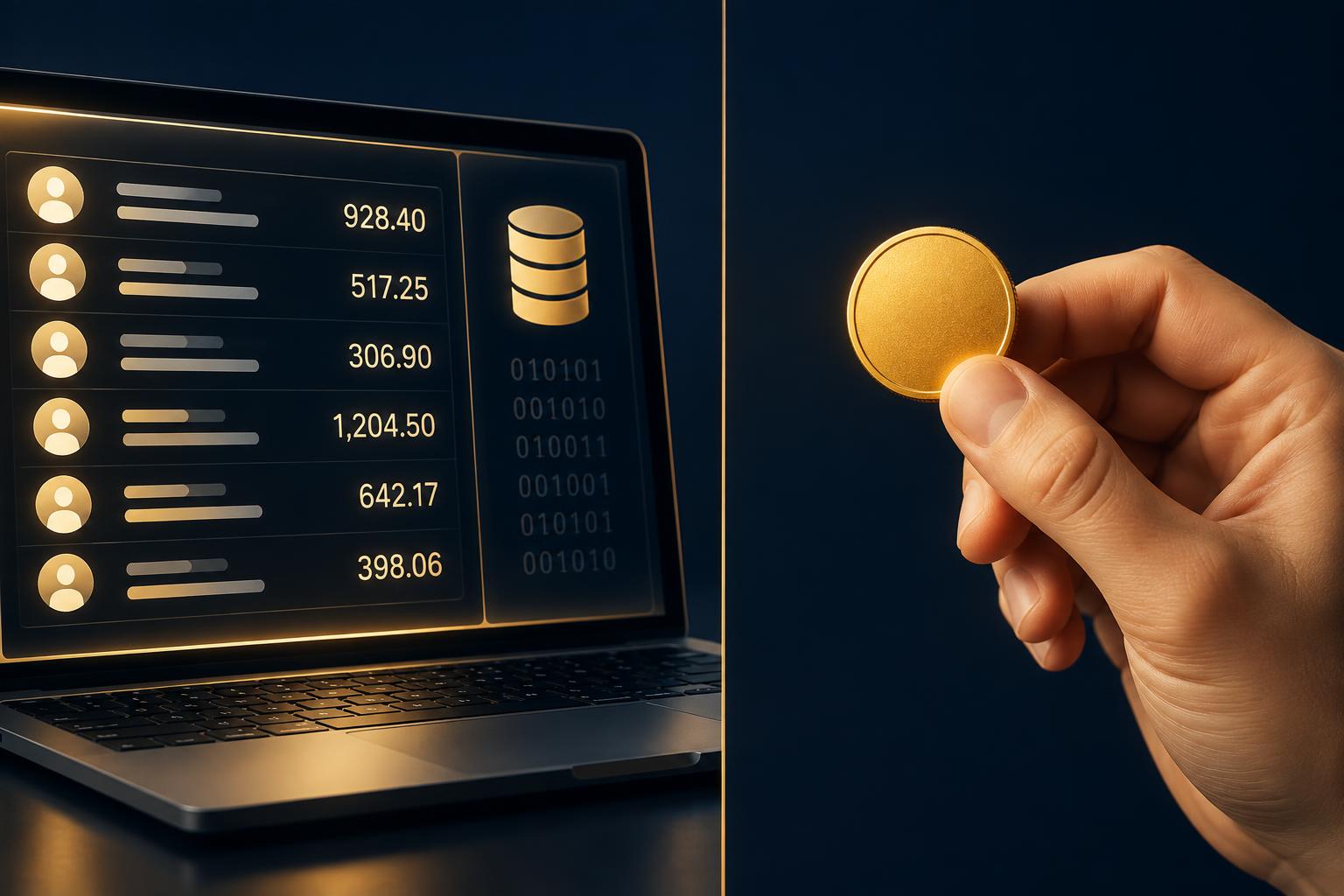 Split illustration of a screen showing an account balance beside a coin held in a hand