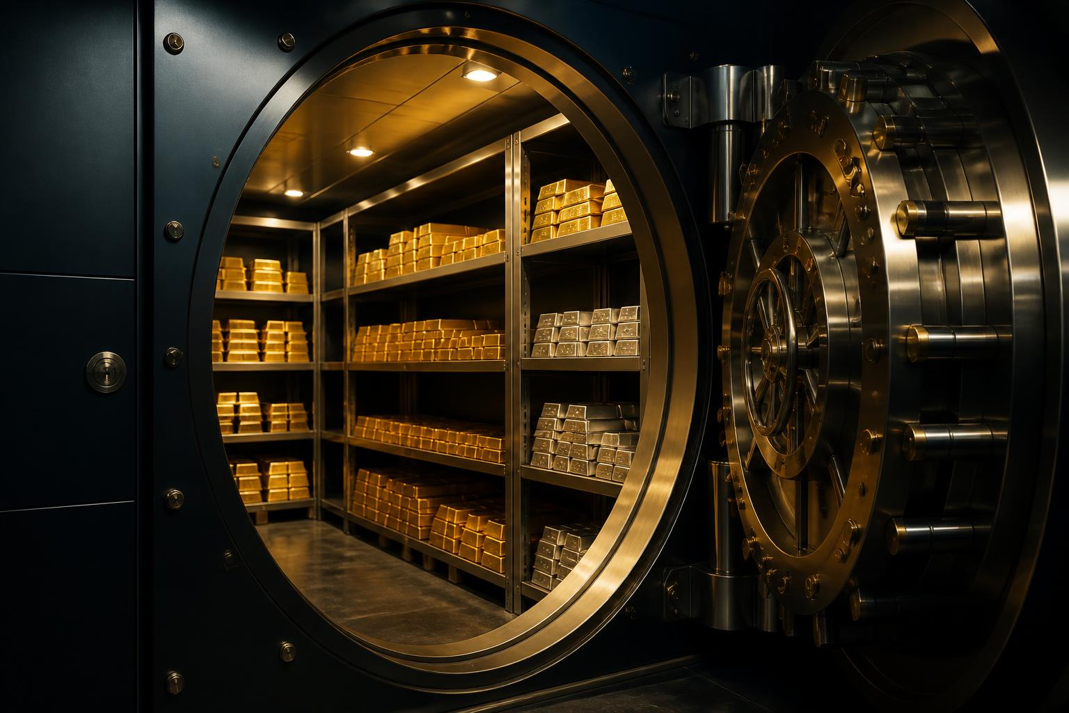 Gold and silver bullion bars stacked on steel shelving inside a high-security vault behind an open circular vault door
