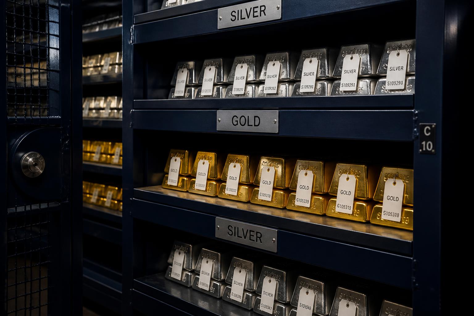 Serial-numbered silver and gold bars tagged and stored in separate labelled compartments at a secure depository