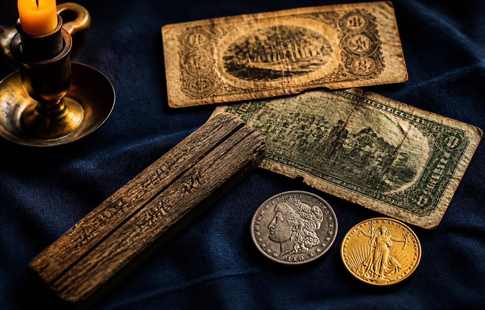 A split wooden tally stick, colonial scrip, an 1860s greenback note, a Morgan silver dollar and a gold double eagle on dark navy cloth by candlelight