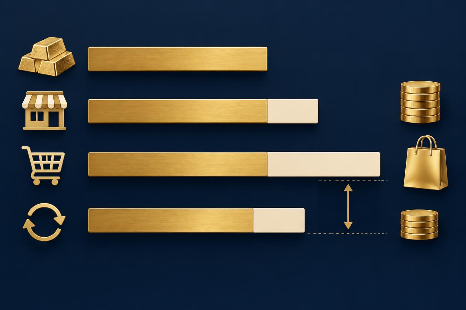 Horizontal bar breaking a retail bullion price into spot value, dealer premium and the buy-back price beneath it