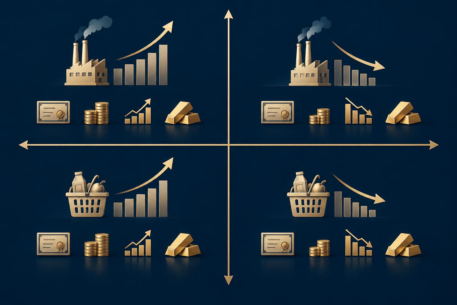 Quadrant diagram of rising and falling growth against rising and falling inflation, with asset types placed in each quadrant