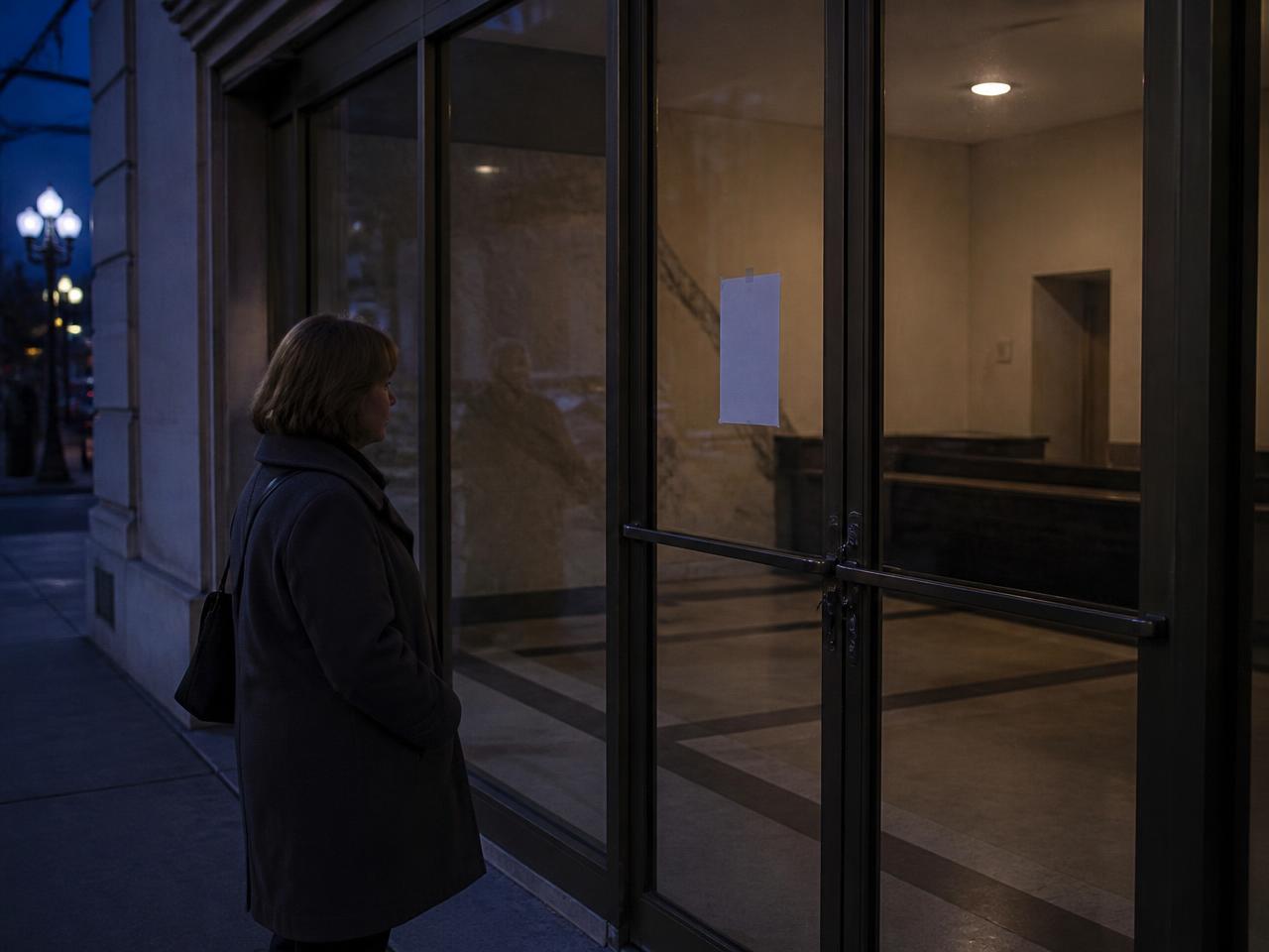 A woman reading a closure notice on the locked glass doors of a failed bank branch at dusk