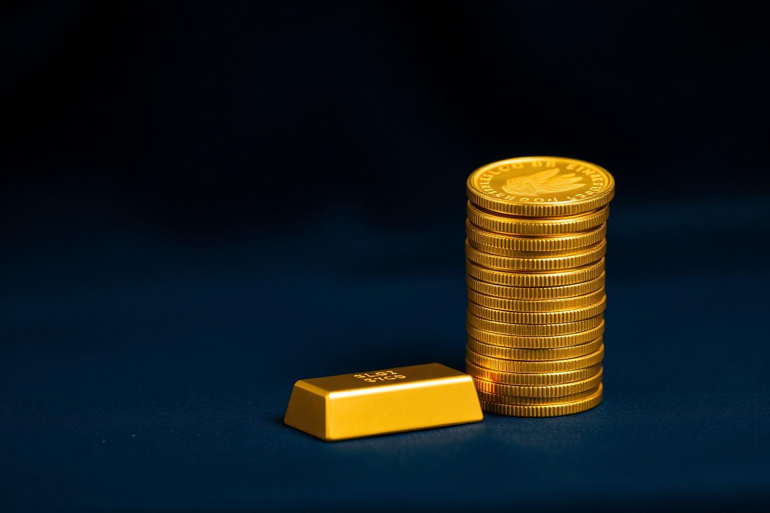 American Gold Eagle and Gold Buffalo bullion coins beside a 1 oz gold bar in an assay card on navy velvet
