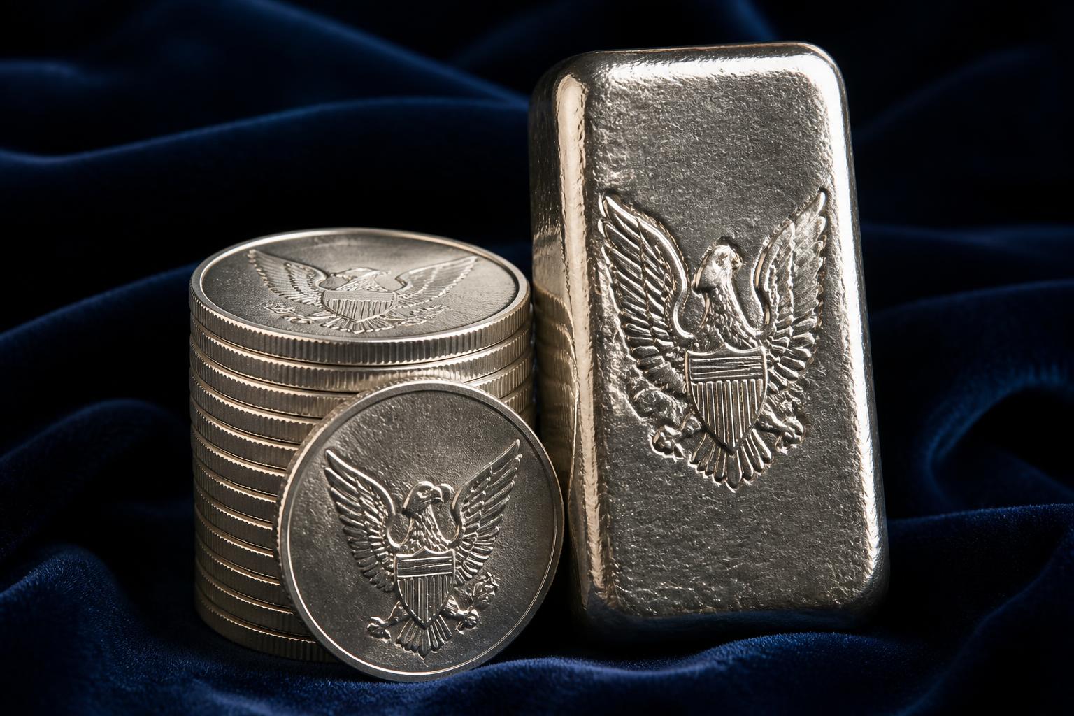 Stack of American Silver Eagle coins beside a hallmarked 10 oz poured silver bullion bar