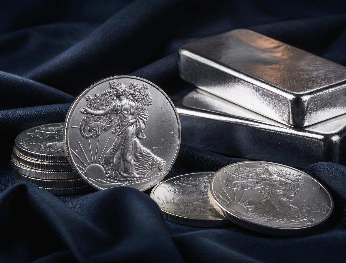 Silver bullion coins and bars on dark navy fabric
