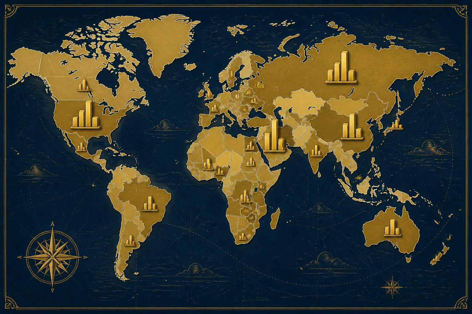 Stylised gold-toned world map on navy with countries shaded at different intensities and small gold bar icons of varying size placed over several regions