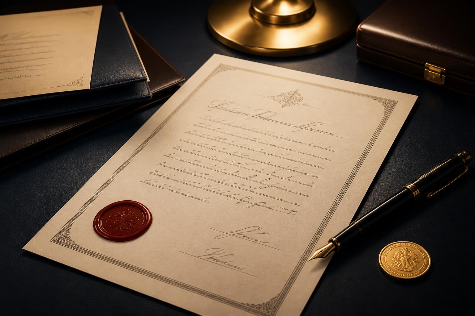 A certificate of insurance and depository agreement with a fountain pen, wax seal and gold coin on a desk