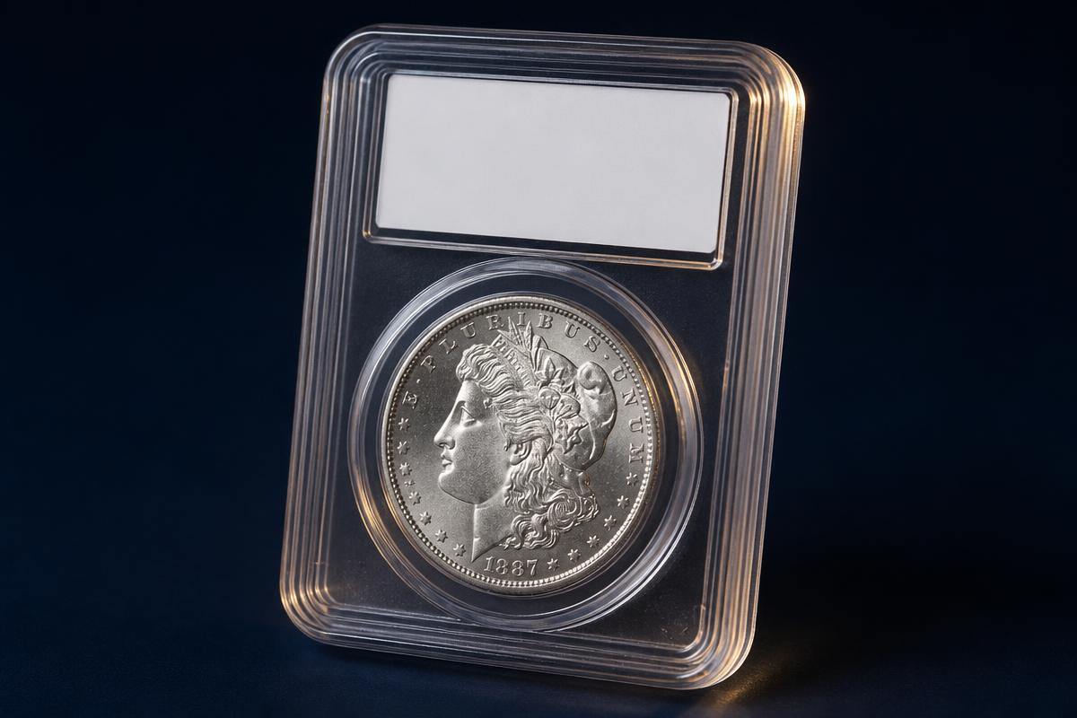 Certified silver coin sealed in a graded slab holder with grading label