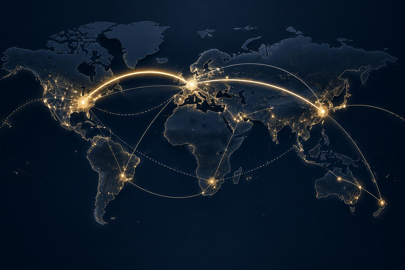 Diagram of cross-border payment routes with an alternative settlement path drawn alongside the dominant one