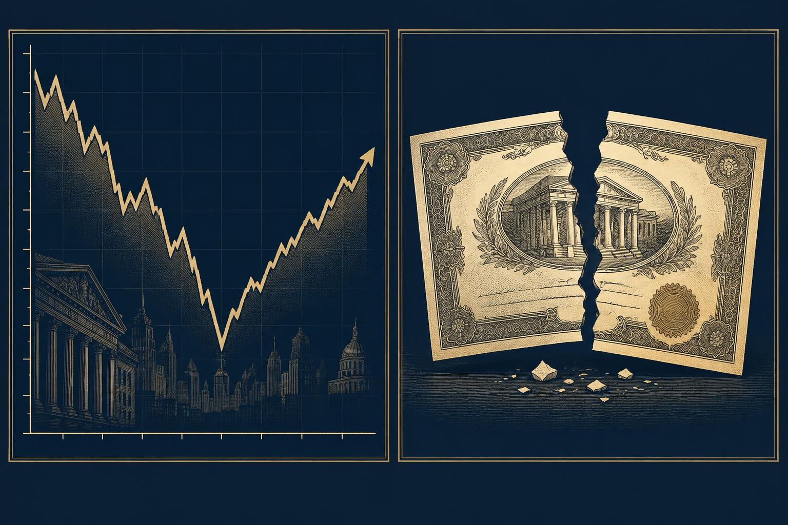 Two-panel illustration contrasting a price that recovers with a claim that defaults permanently