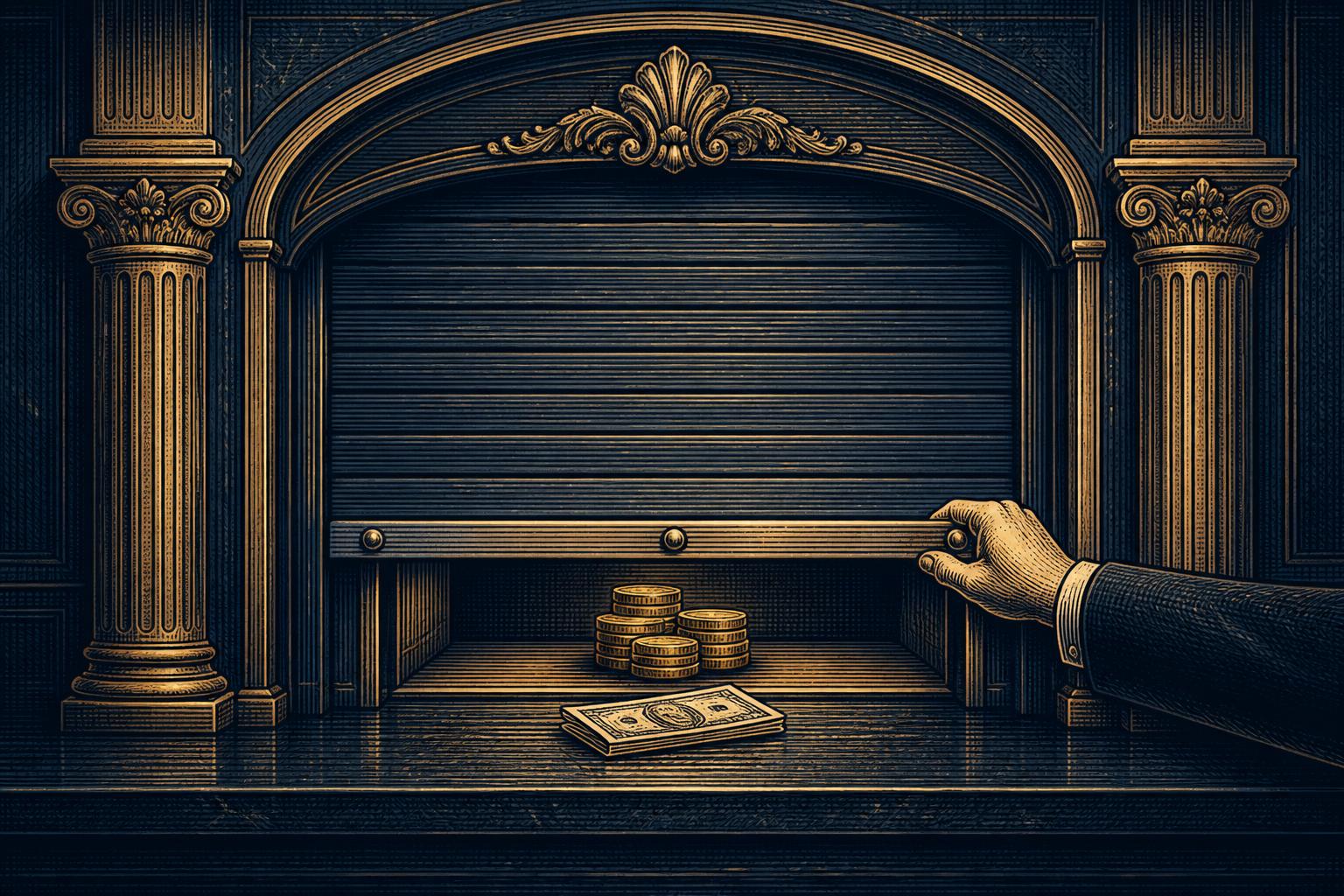 An ornate bank redemption window with its shutter pulled almost closed by a hand, a small stack of gold coins behind the shutter and a folded banknote left on the counter in front of it