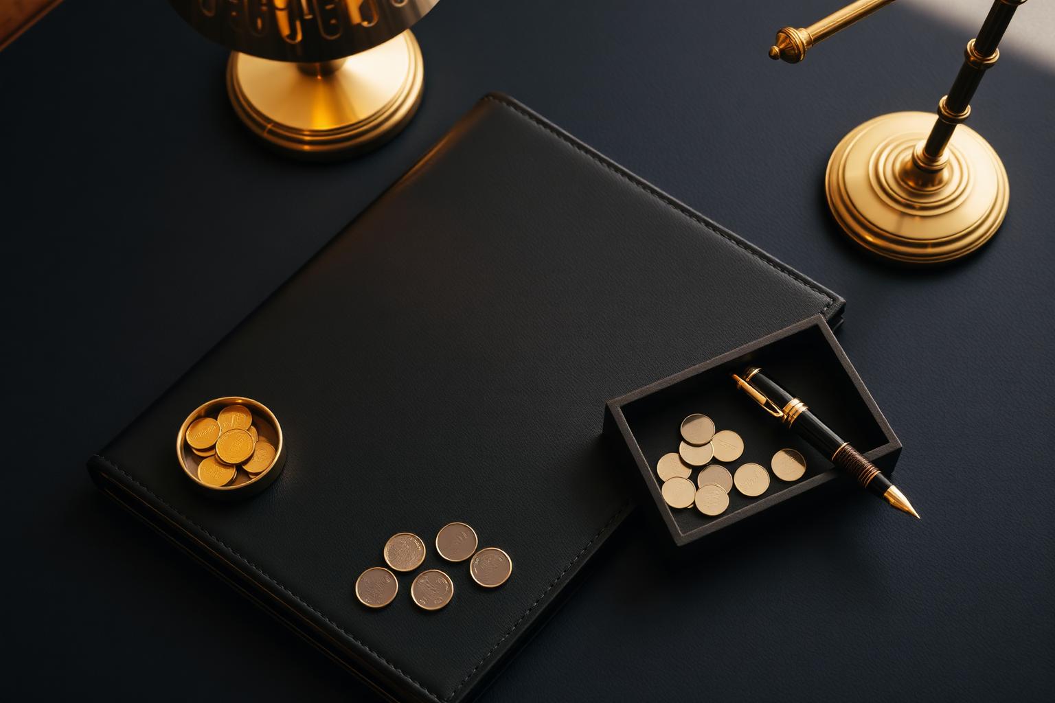 Fiduciary advisor's desk with leather folio, fountain pen and a tray of gold and silver coins