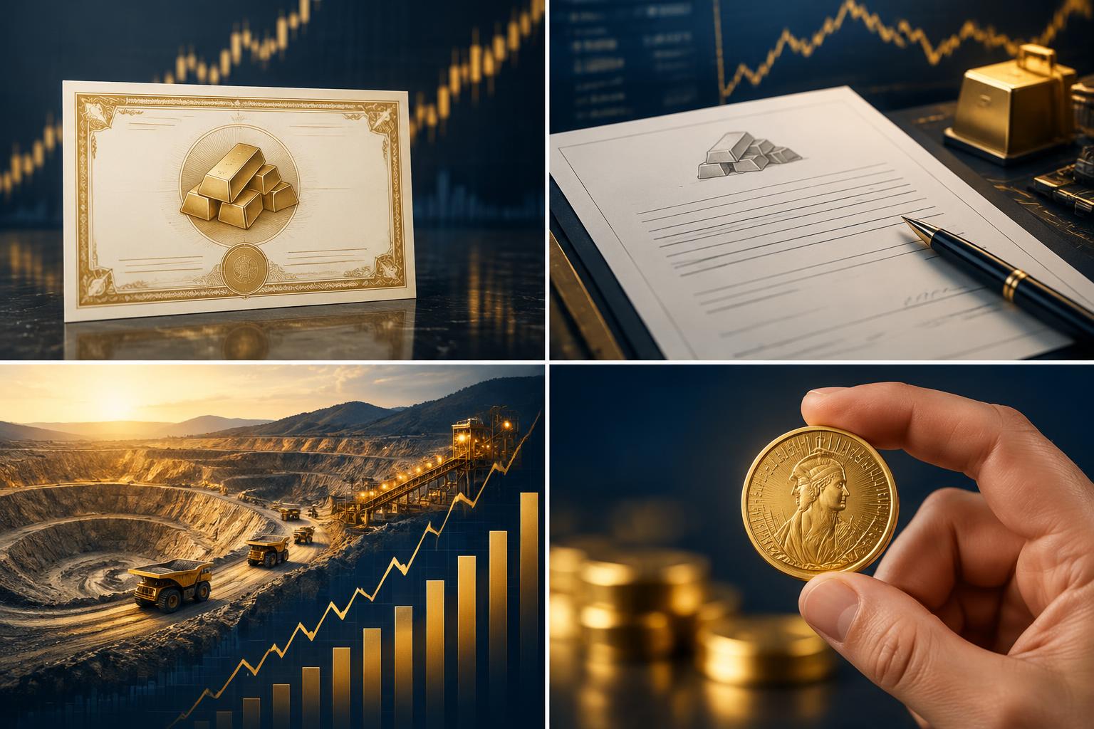Four-panel diagram of gold exposure routes: exchange-traded funds, futures, mining equities and physical metal