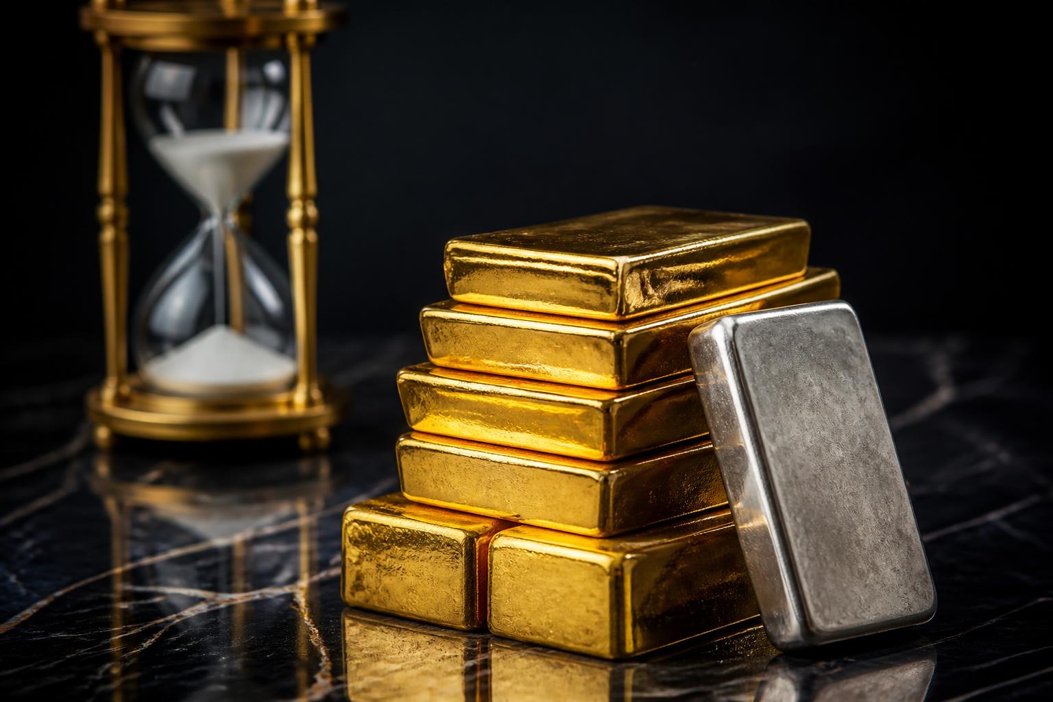 Gold and silver bullion bars under studio light