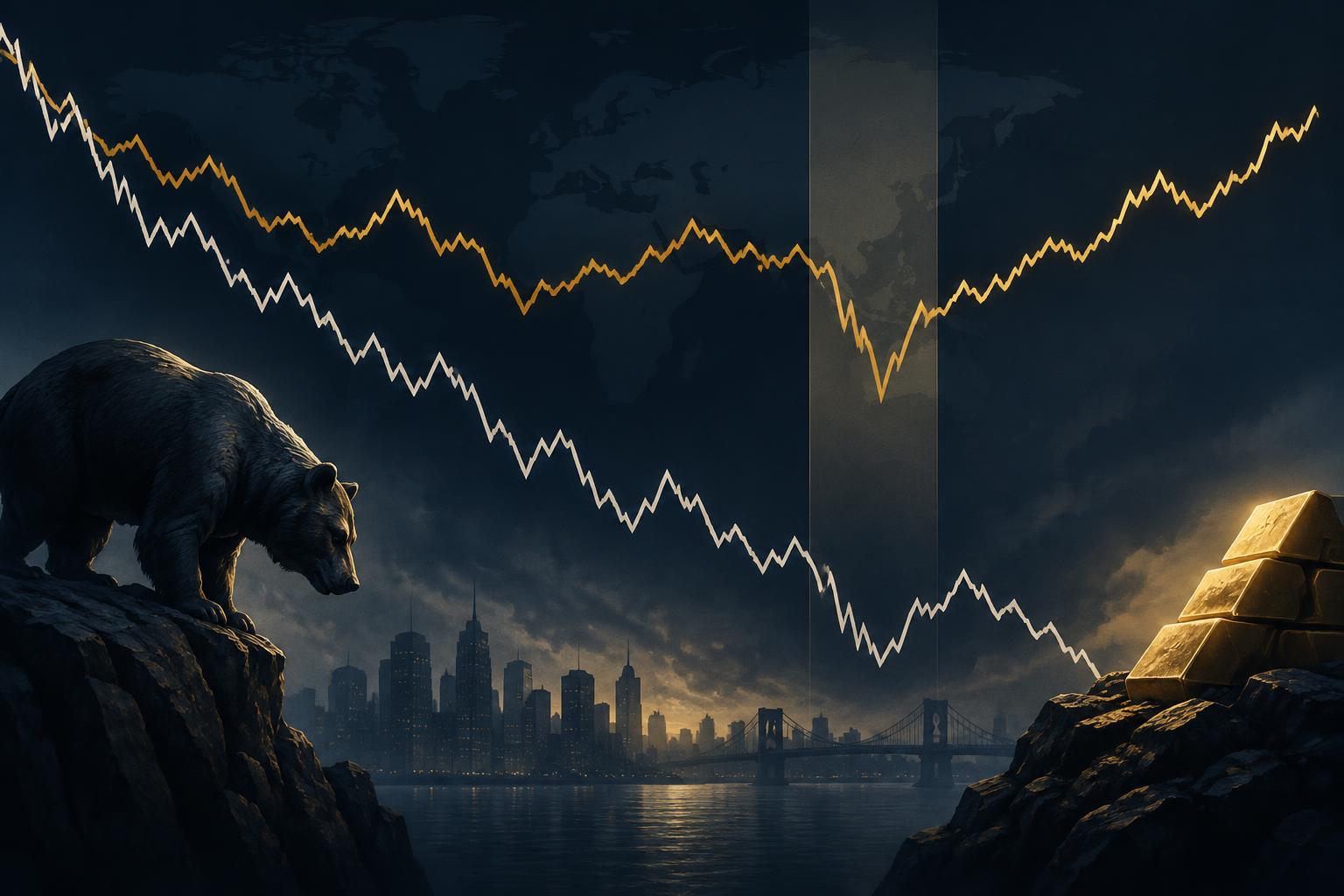 Illustration of an equity index falling steeply while a gold line moves independently, with a note marking one period where both fell