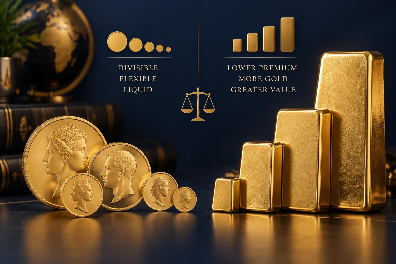 Comparison illustration of sovereign gold coins beside poured and minted bars with premium and divisibility labels