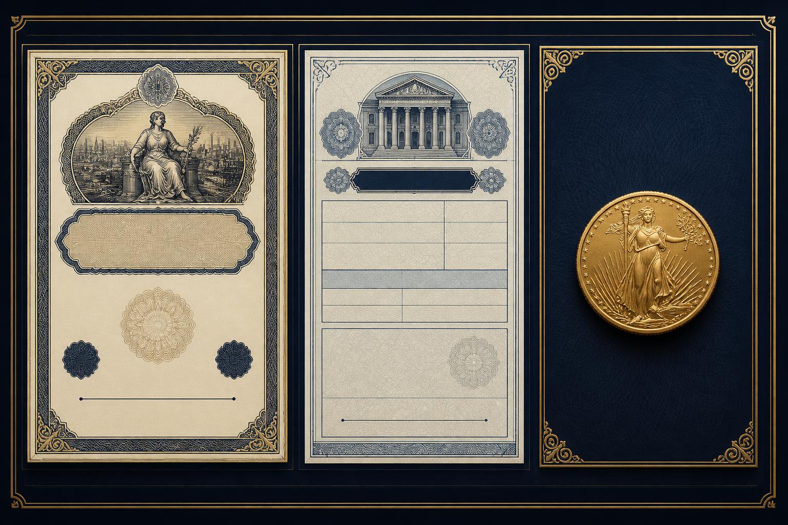 Three framed panels side by side: an engraved bond certificate with an empty signature line, a blank bank deposit slip, and a single gold coin on navy with no signature line at all