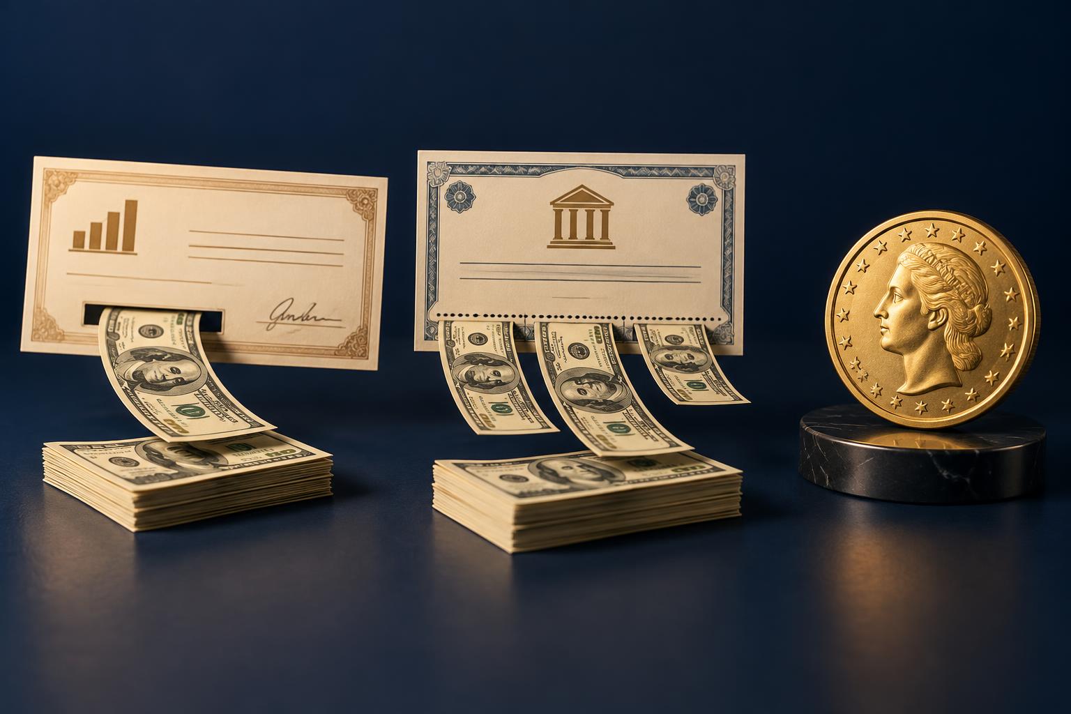 Side-by-side illustration of a dividend cheque and a bond coupon beside a coin producing nothing