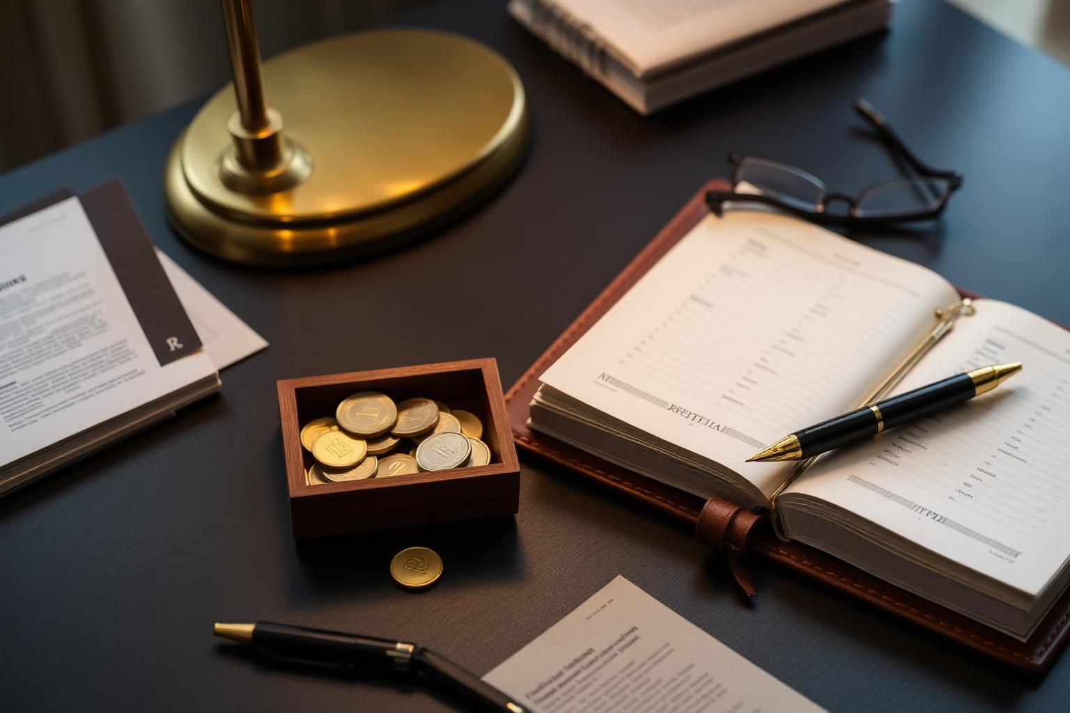 Physical gold coins in a wooden tray beside a retirement ledger, glasses and fountain pen on a desk