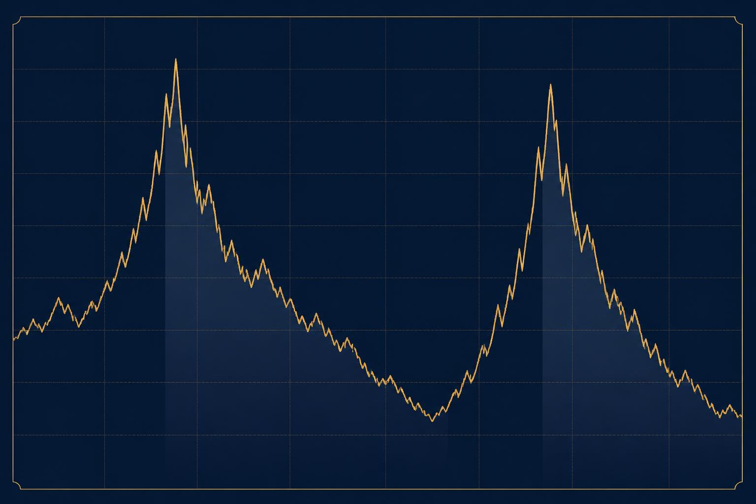 A single gold price line with two tall peaks, each followed by a long shaded decline stretching across most of the chart before the line recovers