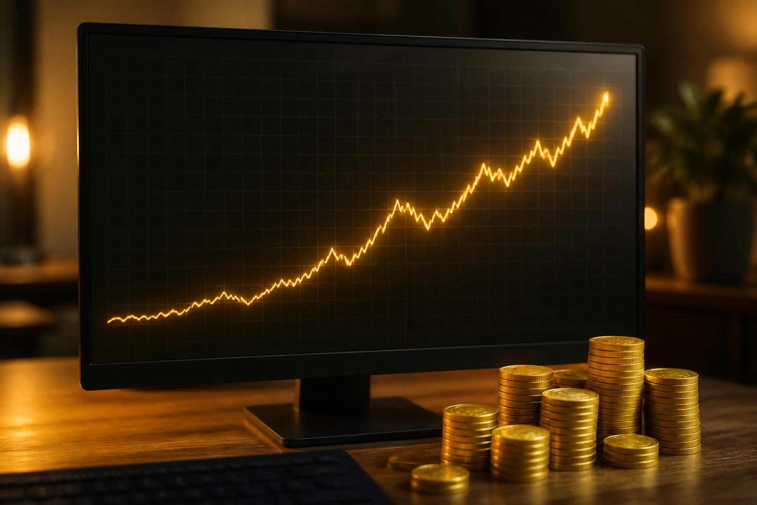 Rising long-term gold price chart on a monitor behind stacked gold coins