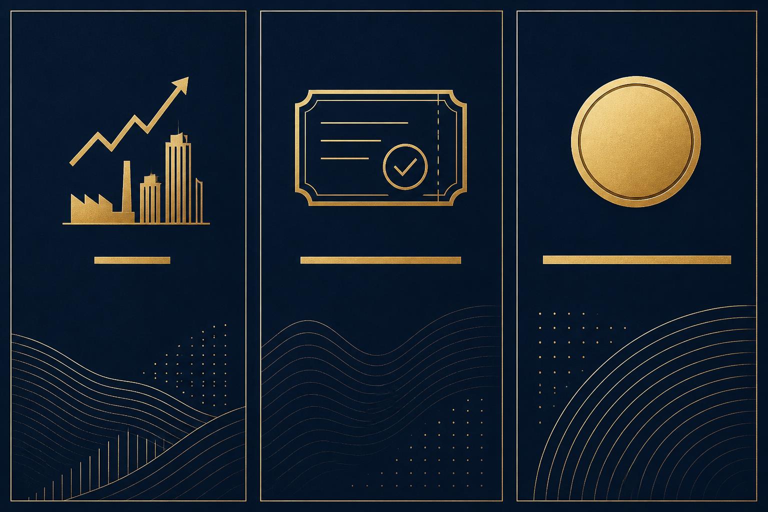 Three vertical navy panels, the first with a rising line above factory and tower silhouettes, the second with a certificate marked by regular ticks, the third with a plain gold disc