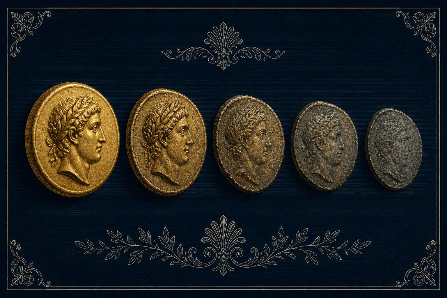 Five ancient profile-portrait coins in a row on navy, the first bright and thick gold and each successive one thinner, duller and greyer until the last is base metal