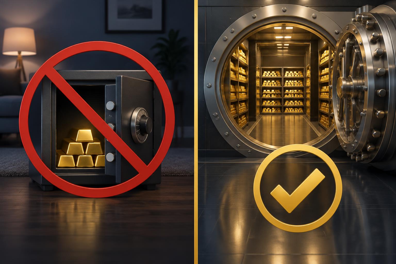 Illustration of a home safe crossed through beside an approved depository marked as required for IRA metal
