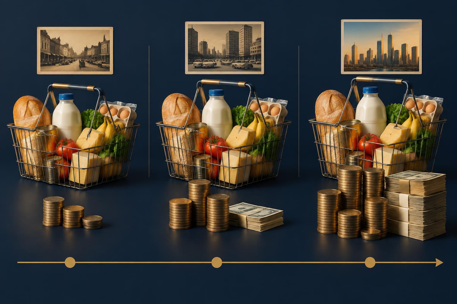 Illustration of the same shopping basket priced in three different decades