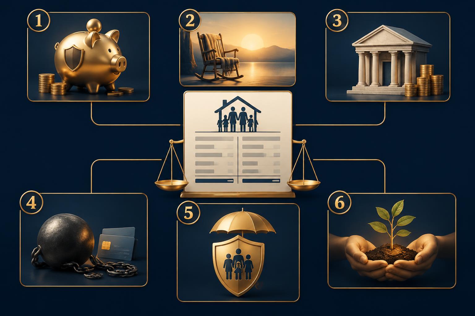 Illustration of six numbered questions about savings, retirement accounts, banking and heirs