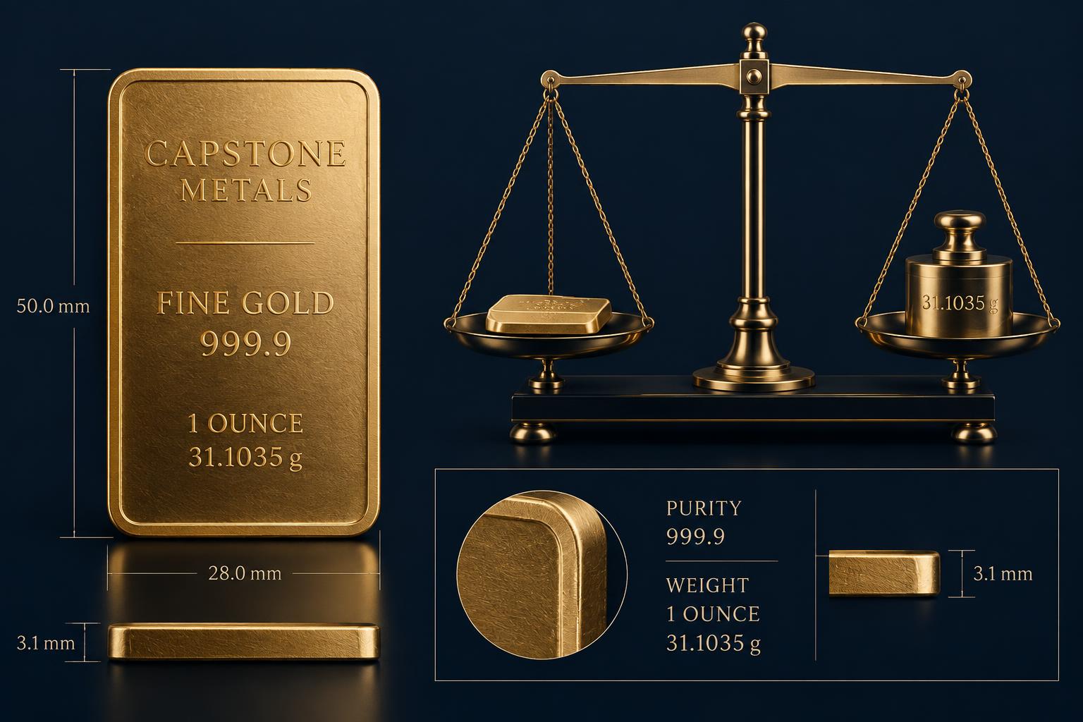 Diagram of a one ounce gold bar labelled with troy weight and fineness markings beside a balance scale