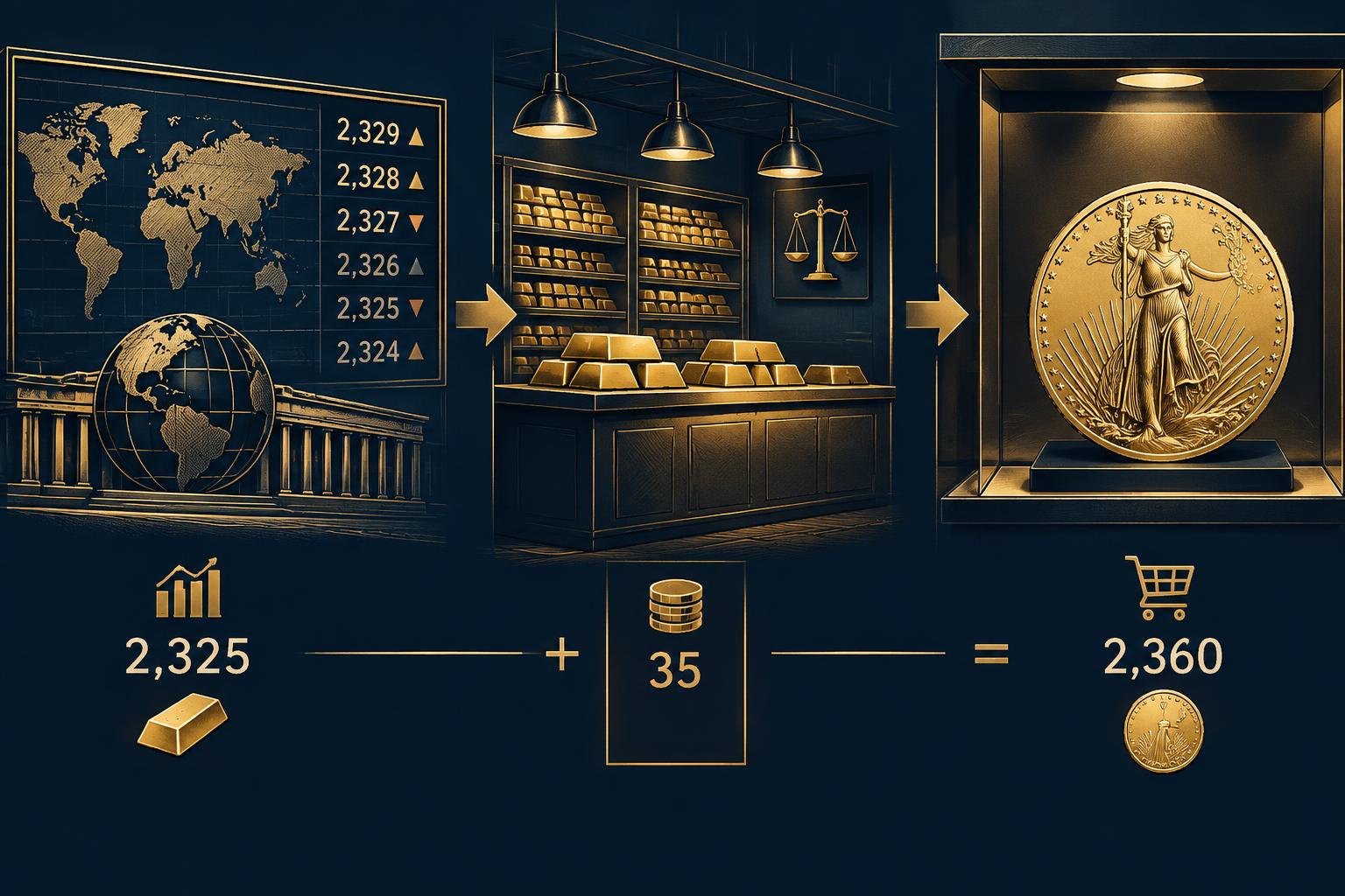 Diagram tracing a gold quote from the wholesale market through a dealer to a retail price, with the premium shown as a separate band