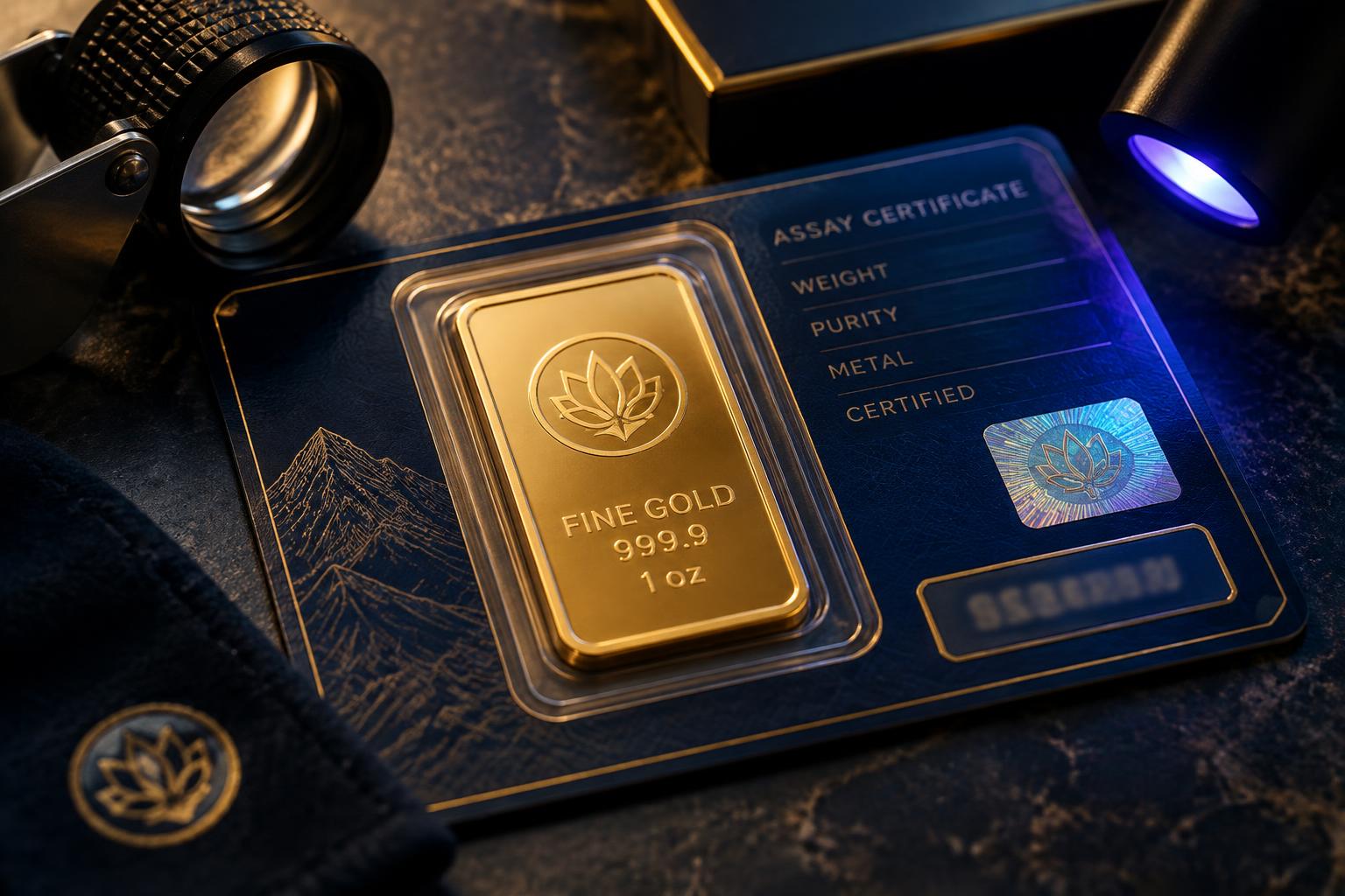 Close illustration of an assay card, serial number and refiner hallmark on a gold bar