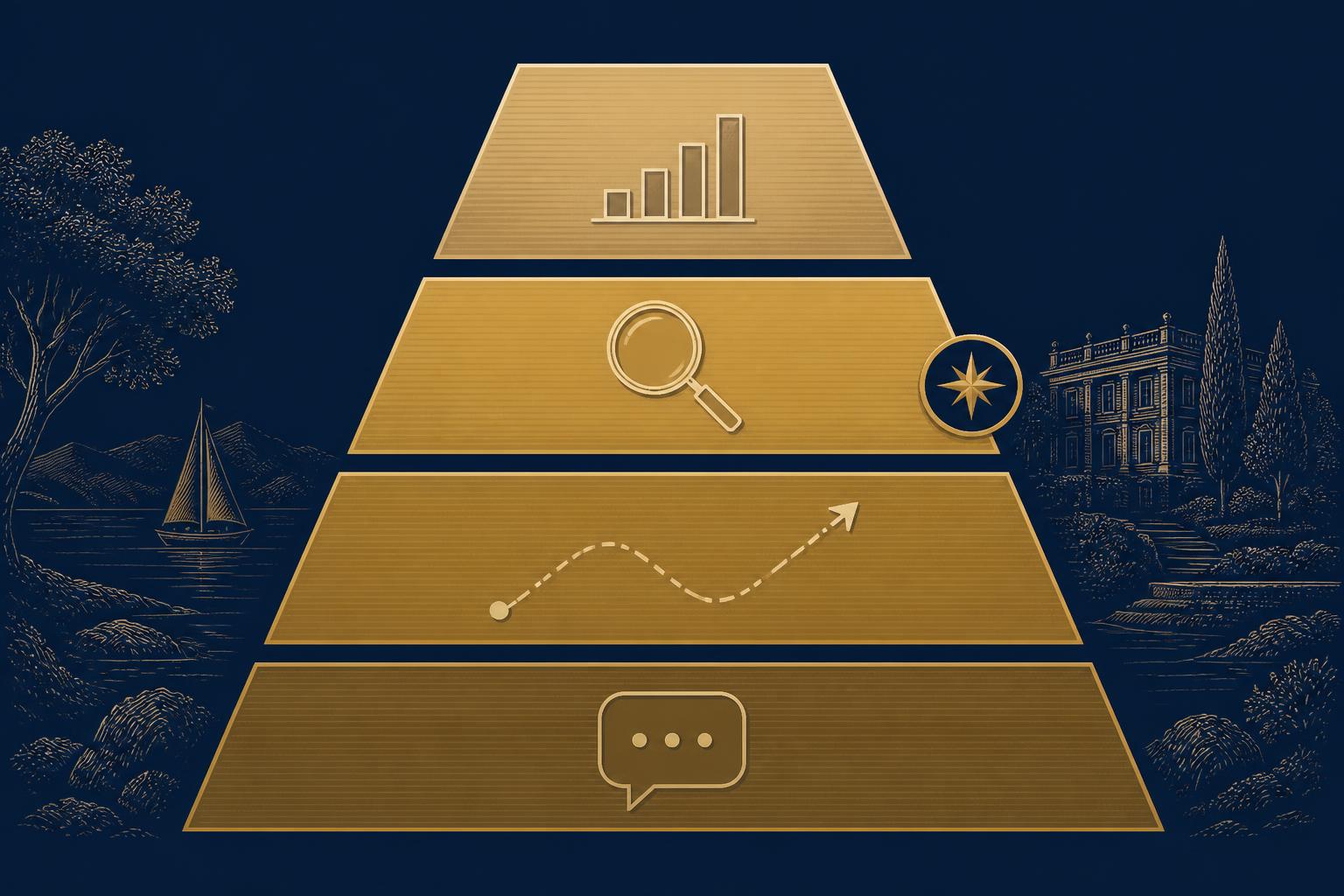 Four stacked gold tiers forming a pyramid, each carrying a single icon: a bar chart, a magnifying glass, a dashed forecast curve and a speech bubble, with one tier flagged by a small circular badge