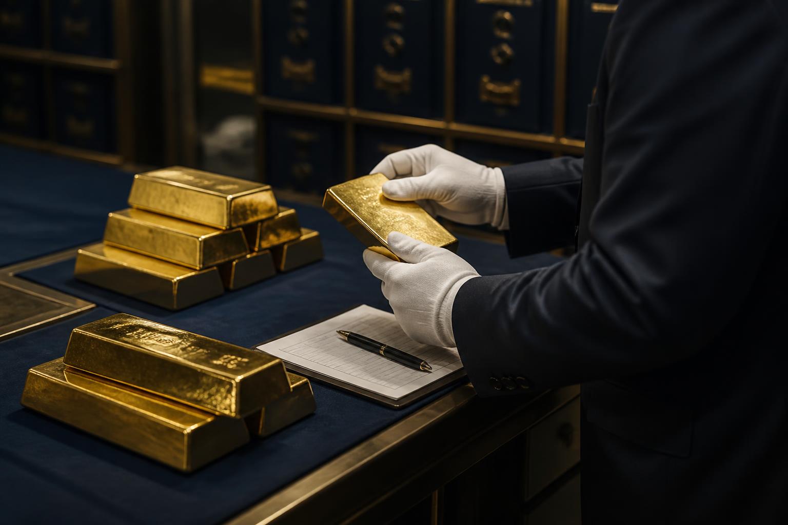 An independent auditor in white gloves verifying gold bars against a ledger at a precious metals depository