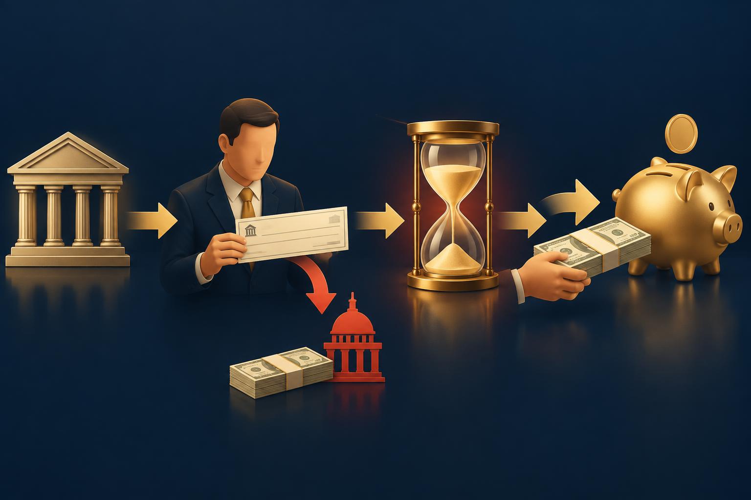 Timeline diagram of an indirect rollover showing tax withheld at the start and a sixty day deadline to redeposit the full amount