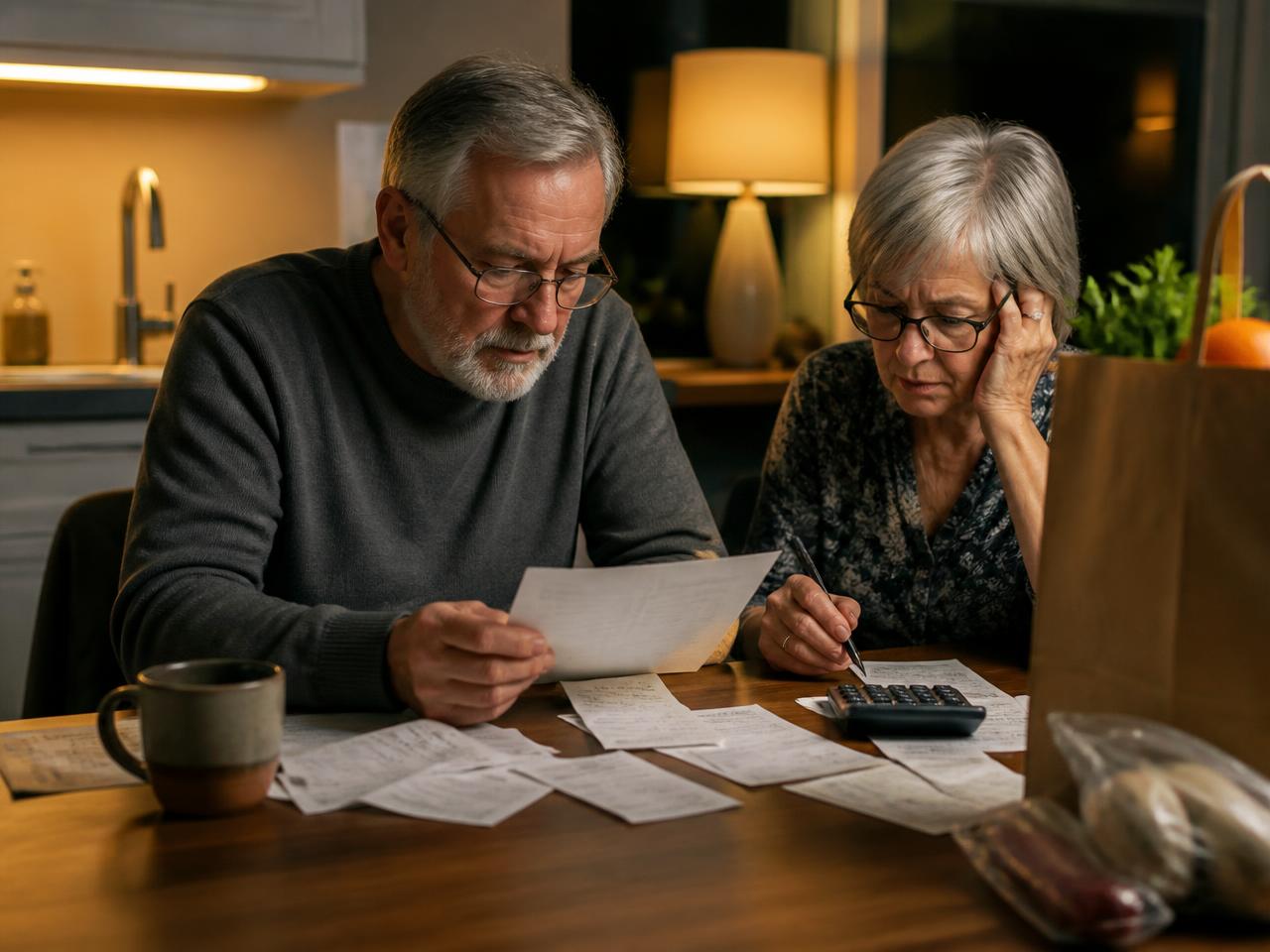 A retired couple reviewing bank statements and grocery receipts at a kitchen table as inflation erodes their savings