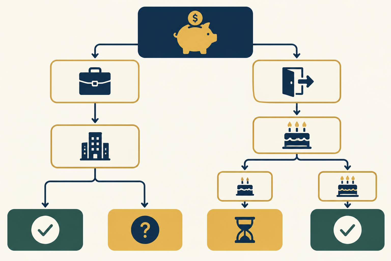 Decision tree branching on former or current employer and age, ending in eligible, partially eligible or wait