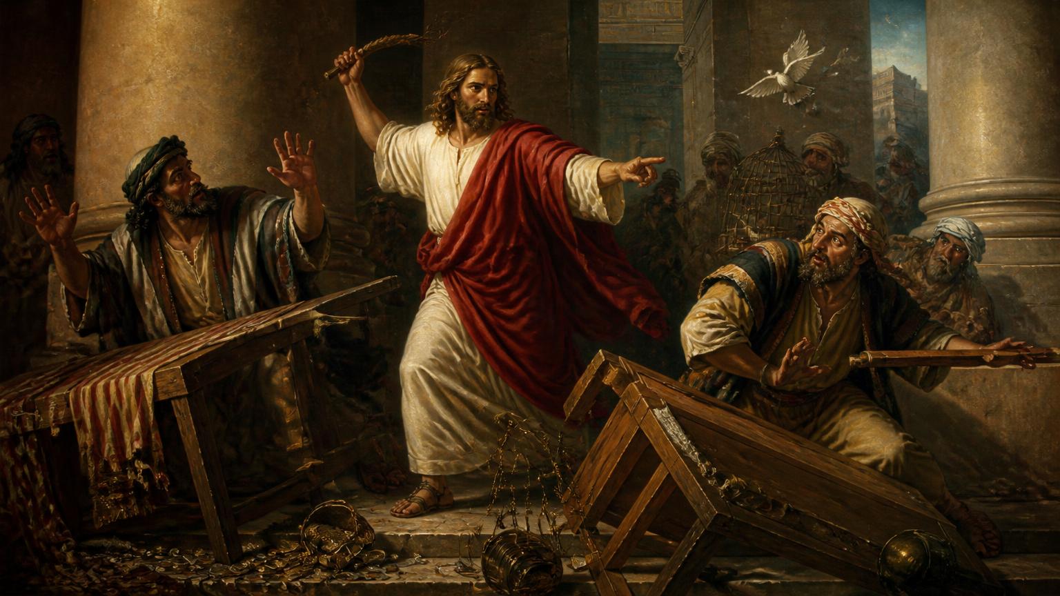 Classical painting of Jesus cleansing the temple, overturning the money changers' tables and scattering their coins and scales