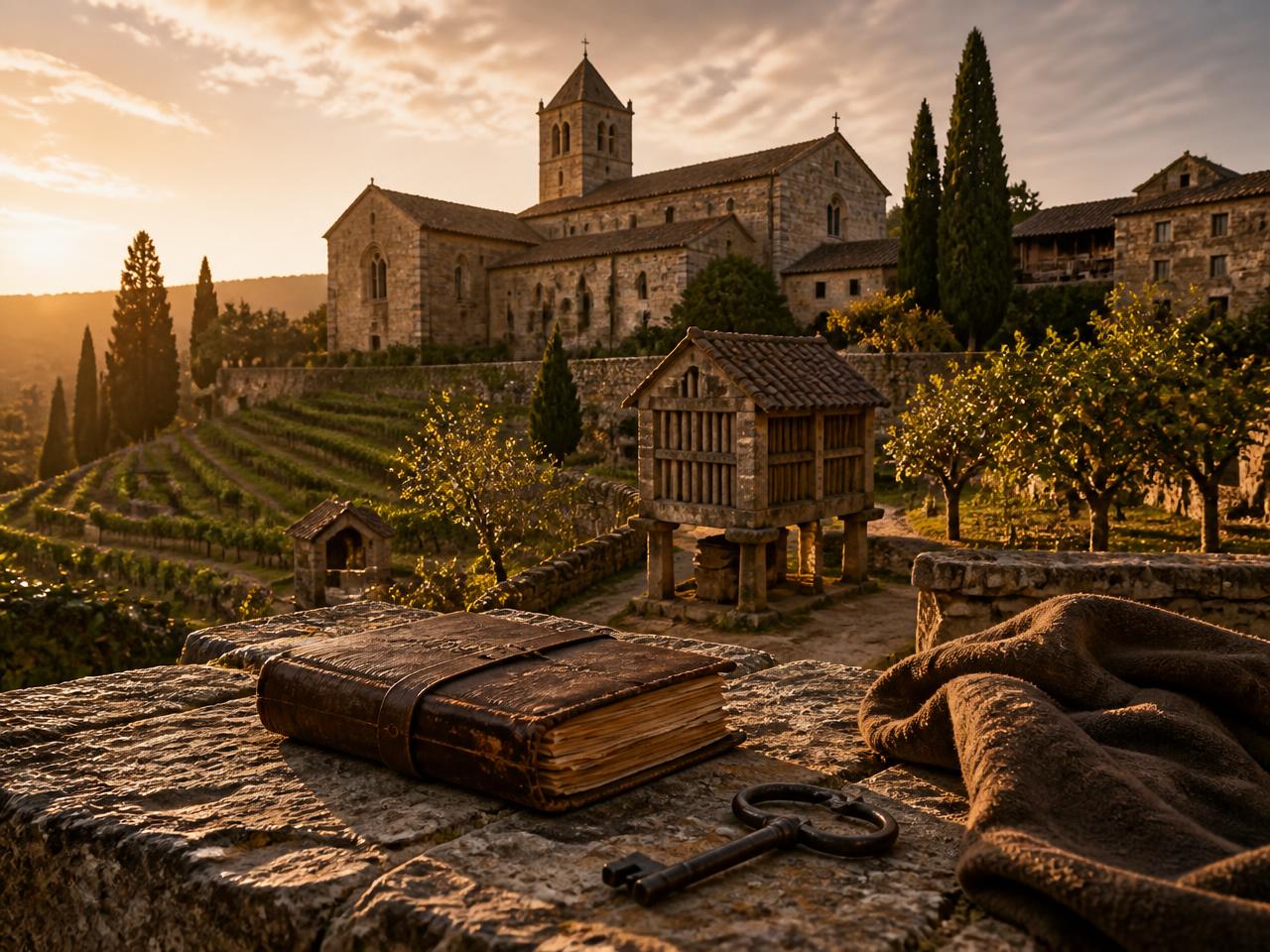 A medieval monastery estate at golden hour with terraced vineyard, granary and orchard, beside a ledger and iron key