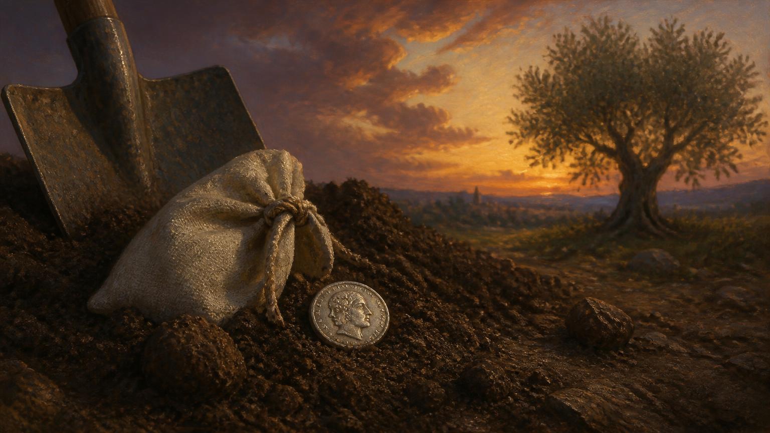 A single silver talent coin and a linen money bag half buried in freshly dug earth beside a spade at dusk