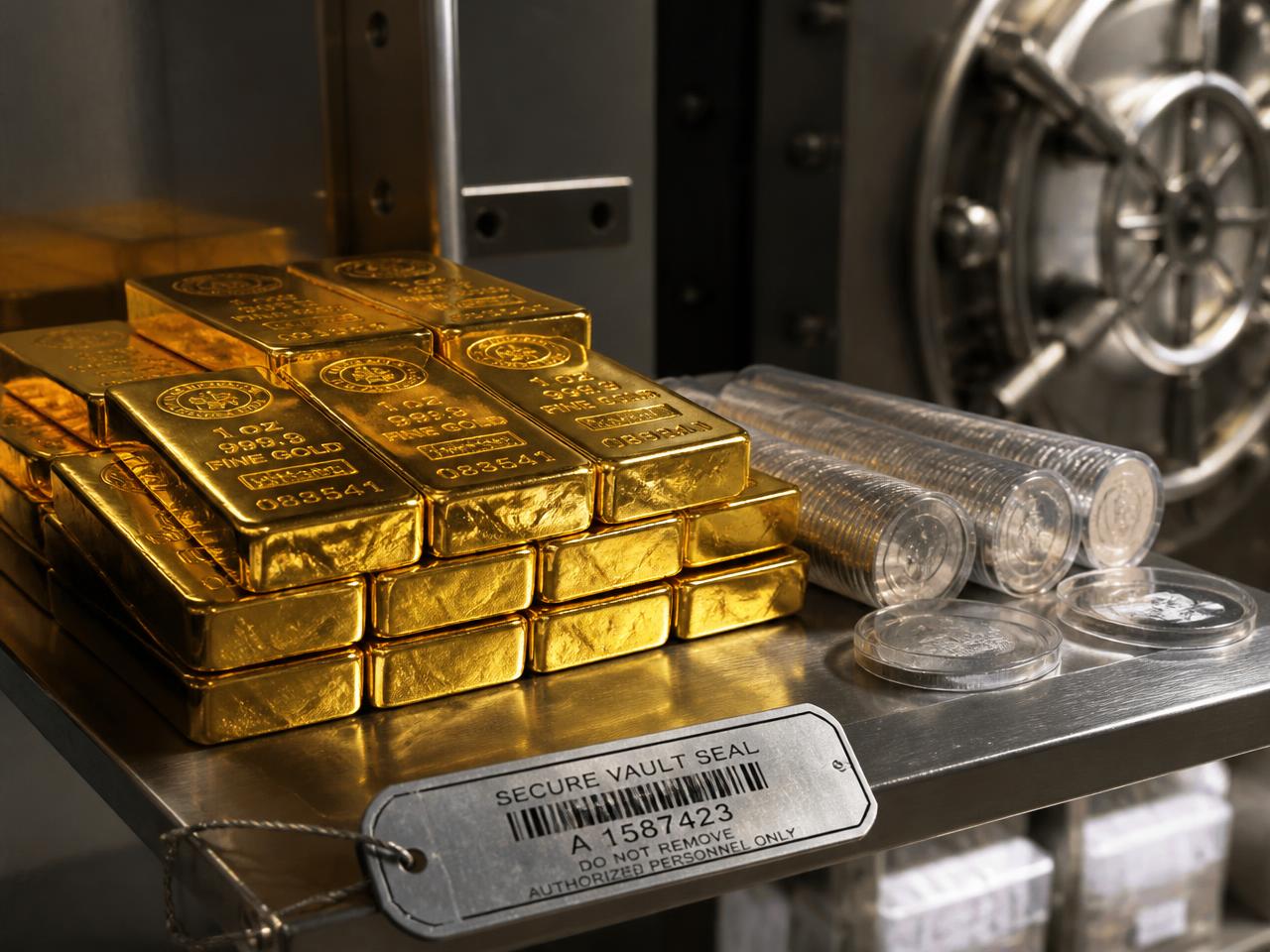 Gold bullion bars and silver coins on a shelf inside a secure insured precious metals depository vault