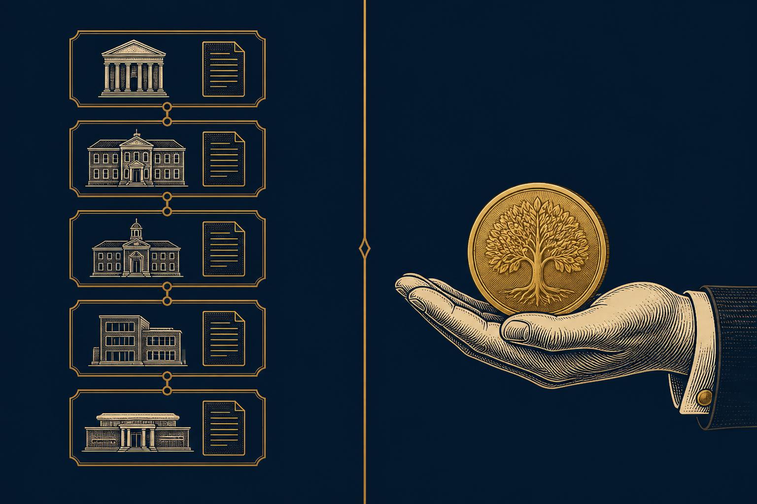 Left half shows five linked institutional boxes each pairing a building with a document; right half shows a single gold coin resting in an open hand, connected to nothing